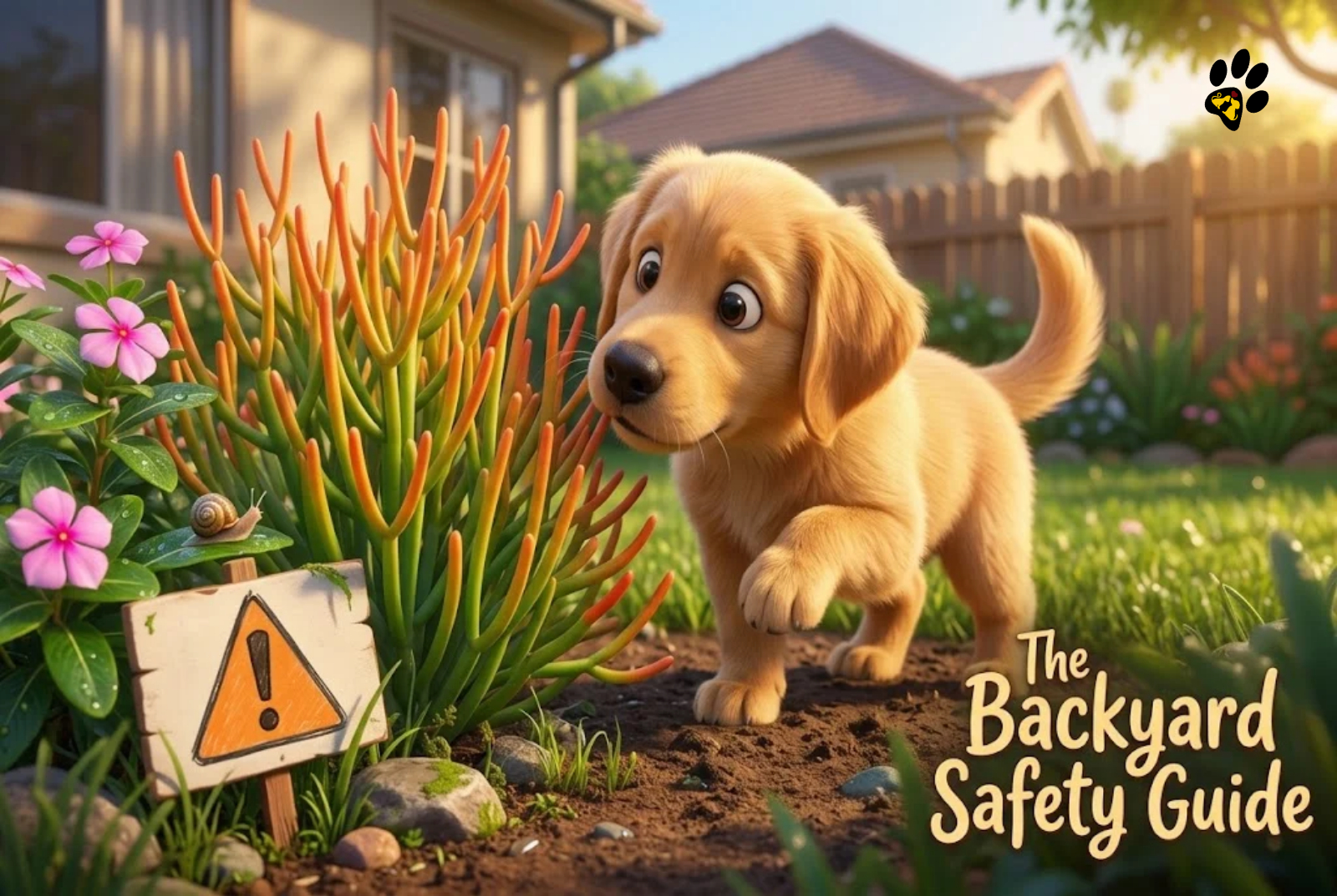 Puppy sniffing a garden plant with a caution sign