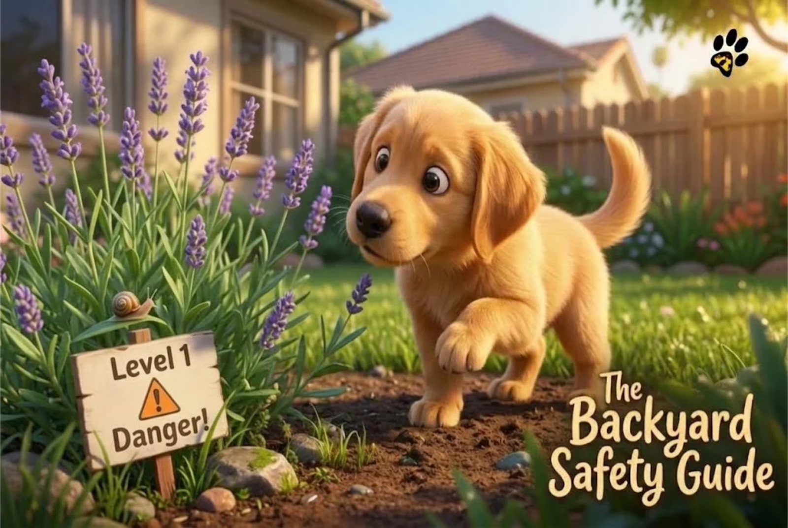 Pixar style dog inspecting a garden snail near a lavender bush