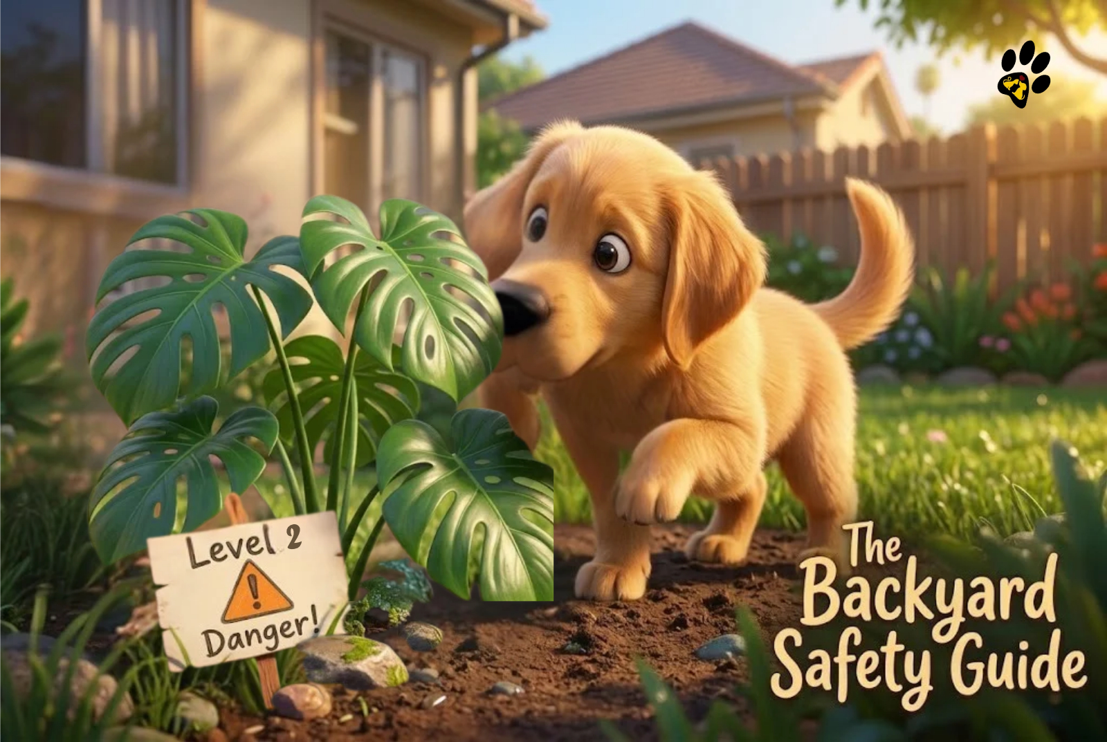 Pixar style dog inspecting a firestick plant