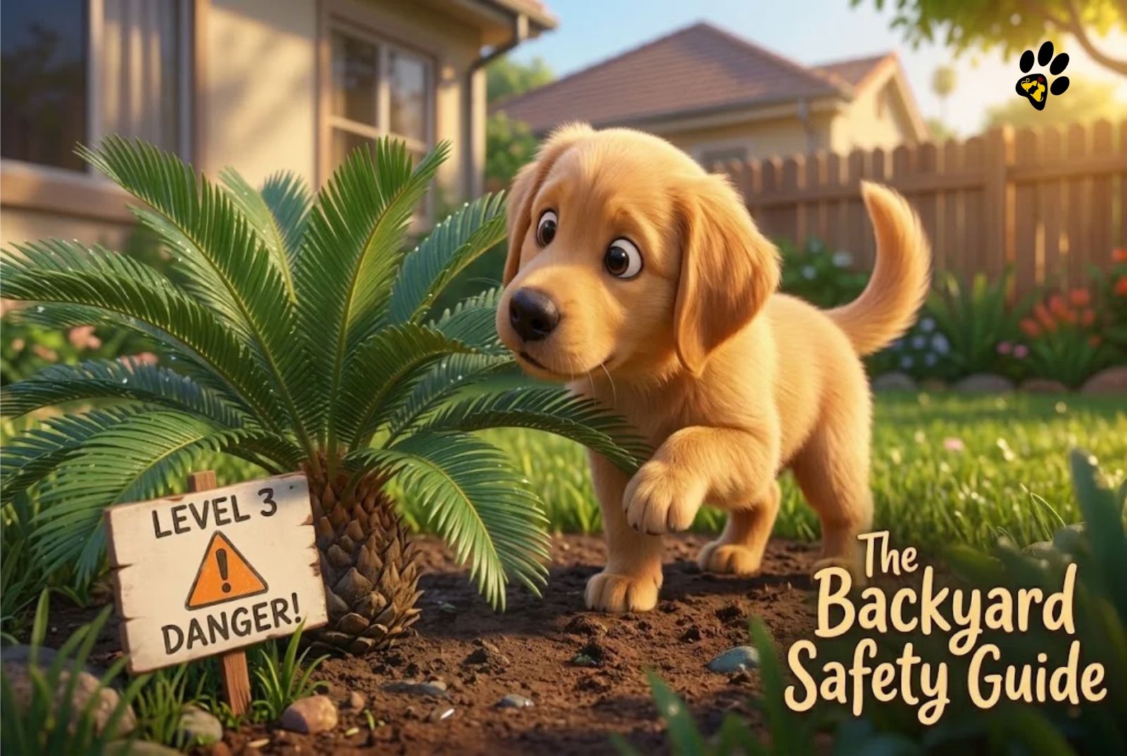 Pixar style dog inspecting a cycad plant