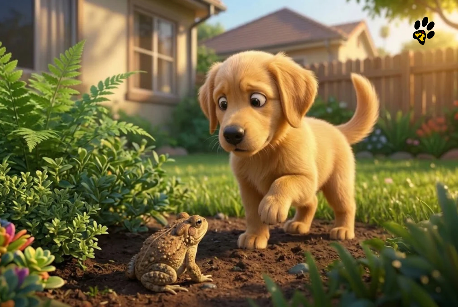 Pixar style dog looking curiously at a garden toad
