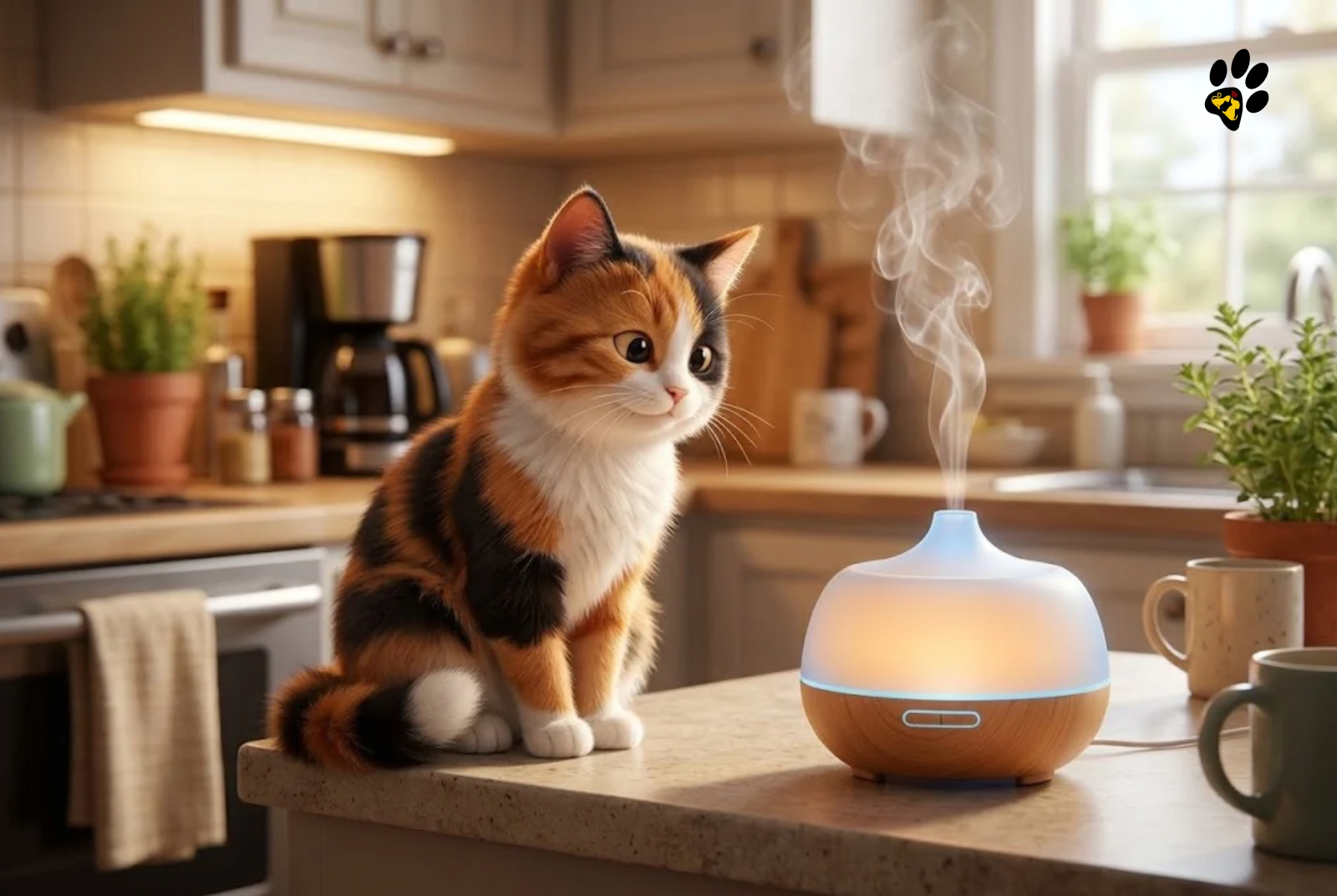 Pixar style calico cat looking curiously at a glowing essential oil diffuser