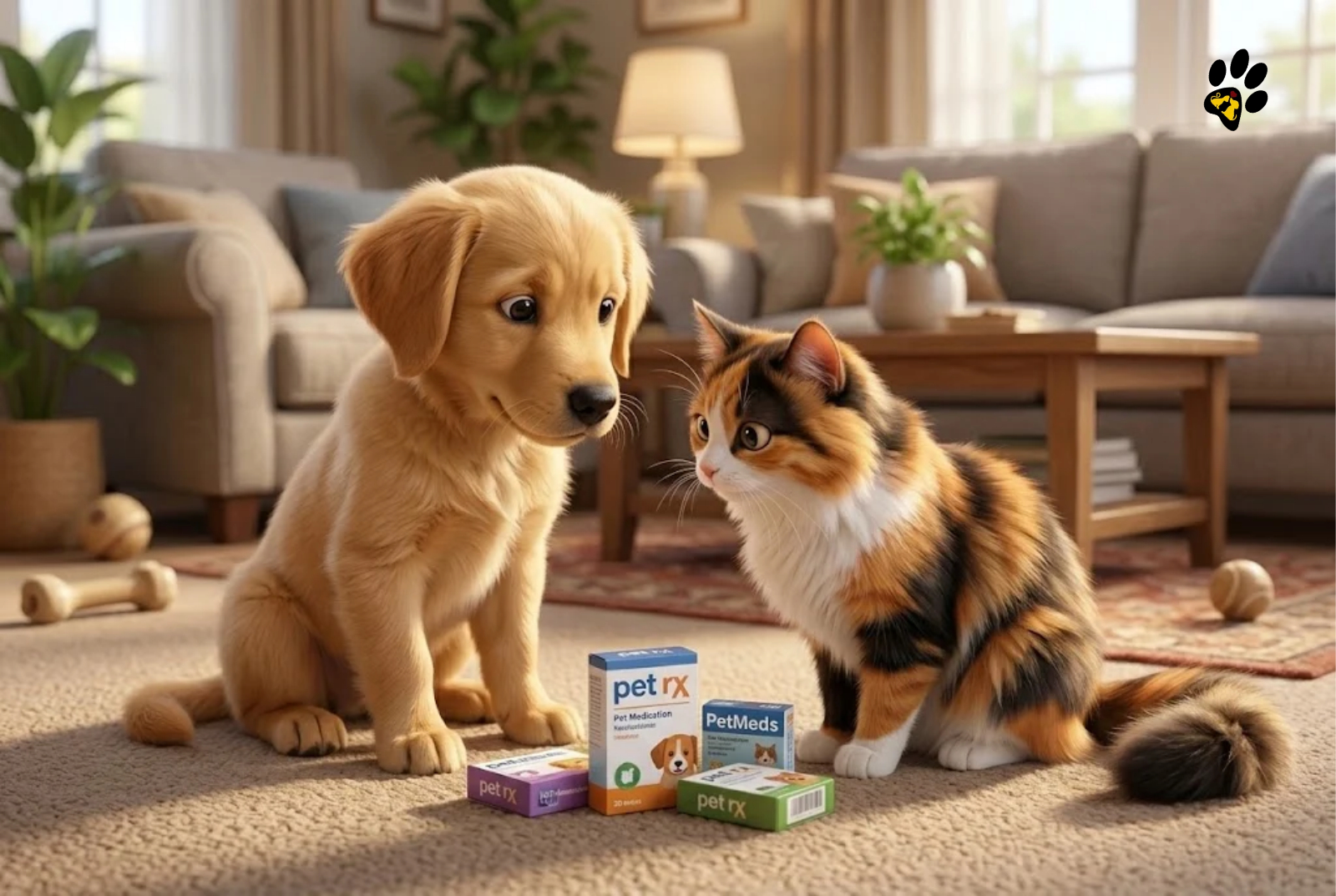 Pixar style dog and cat sitting next to pet medication boxes