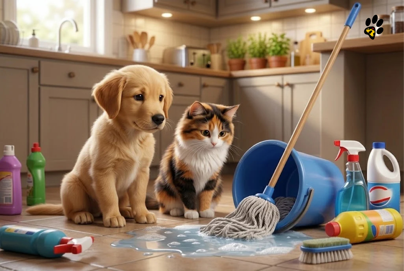 Pixar style puppy and kitten looking at a spilled mop bucket